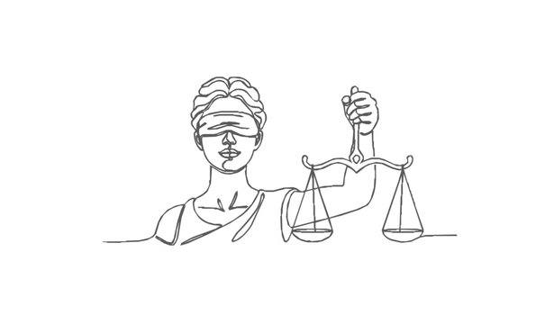 Abstract blindfolded justice face with scales continuous line art minimalist legal concept vector
