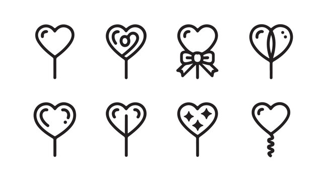 Set of simple heart shape icons and thin line balloons