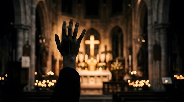 Hand of a man raised in prayer inside a cathedral. Christian believer worshiping against a golden cross on the altar. Spiritual devotion, religious faith and holiness concept.