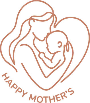 Mother and Baby Line Art Vector, Mothers Day Minimalist Logo Design, Elegant Family Love Heart Illustration