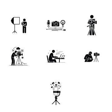 Content creator business setup silhouette scene with camera laptop and social media workflow representing modern digital entrepreneurship lifestyle