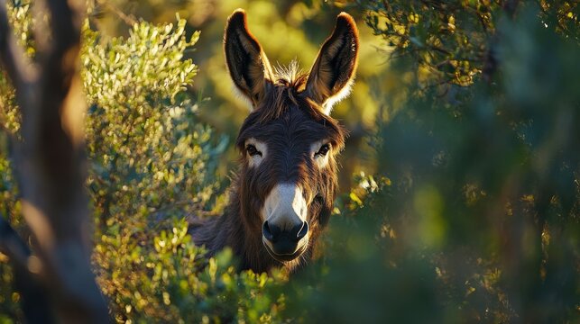 A shaggy brown donkey looking forward in natural sunlight