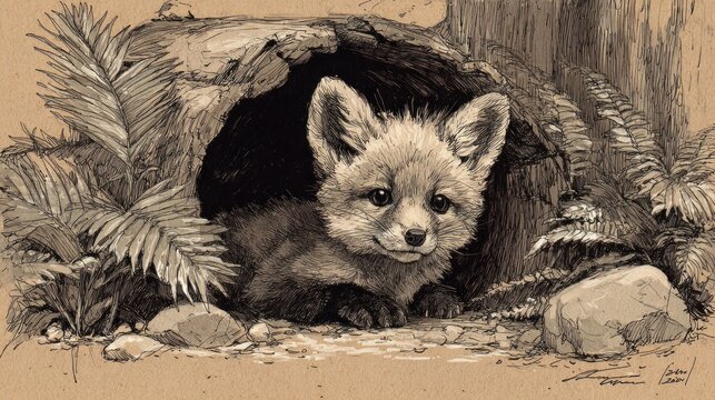 Adorable baby fox (kit) peeking from a cozy forest den, charming wildlife illustration of a cute young woodland animal in its natural habitat.