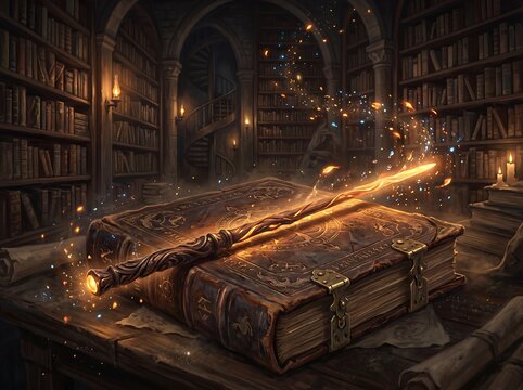 Ancient magic spellbook lies open with glowing wand on a wooden desk in a mystical library