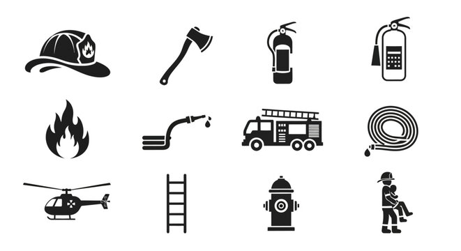Set of firefighting equipment and emergency rescue icons on white background.