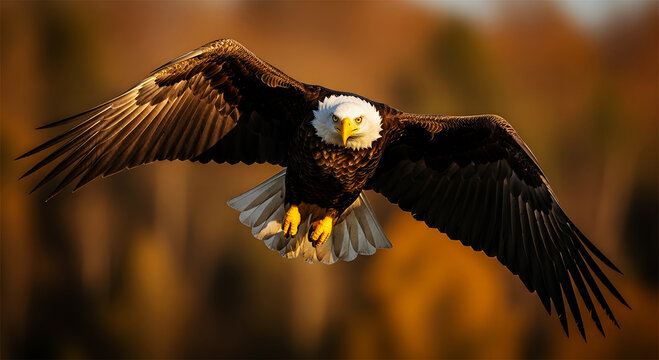 Bald eagle with wings spread wide flying towards camera in golden light bird flight