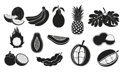 Fototapeta premium Exotic Tropical Fruits Black Silhouette Bundle in Modern Minimal Flat Vector Style