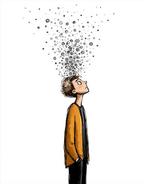 Bubble Burst Above: An illustration of a figure gazes upward in contemplation as a cascade of bubbles floats from above, symbolizing thoughts, ideas, or dreams taking flight.