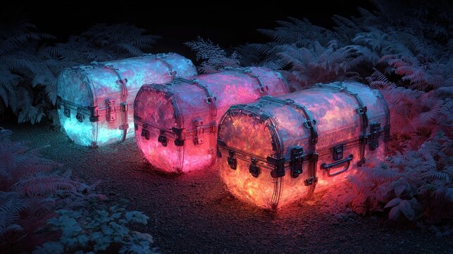 Enchanted glowing treasure chests buried in frosty snow, illuminated by vibrant colorful light, mystical winter fantasy.