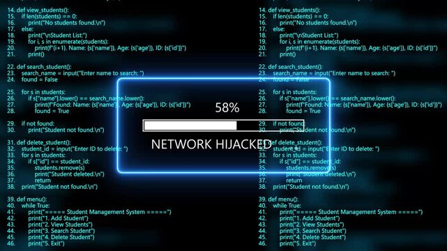 cyan glowing network hacked loading bar animation with digital binary code and cyber programming background. Programming code hacking concept.4k animation