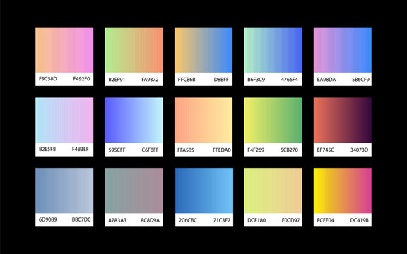 Color gradient palette collection with smooth transitions and hex color codes on dark background grid layout