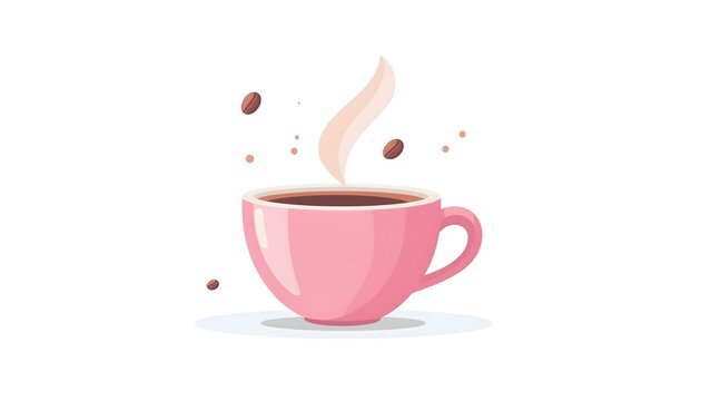 A pink coffee cup with steam rising and coffee beans floating around it