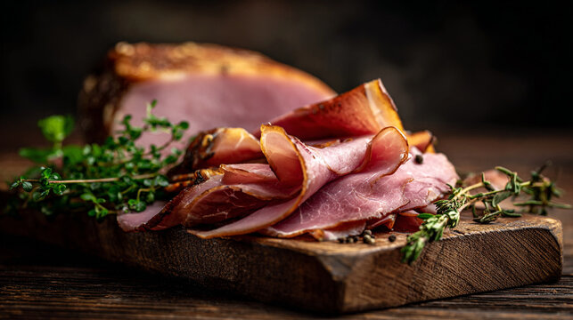 Gourmet sliced roasted ham with fresh thyme herbs on a rustic wooden cutting board culinary appetizer