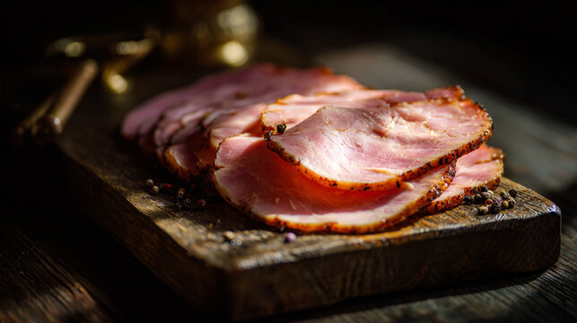 Close up of smoked sliced ham on wooden board with peppercorns and dramatic lighting, appetizer