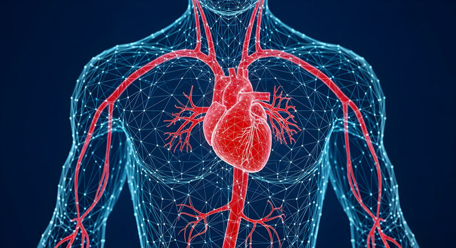 Human heart and vascular system depicted as a glowing digital model created with intricate network connections representing advanced medical technology and biological research for cardiovascular healt