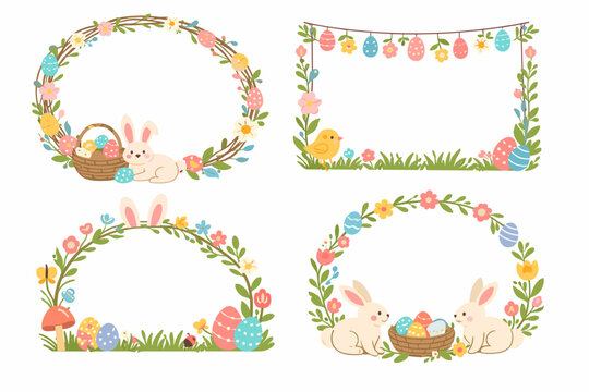 Beautiful Set of Whimsical Hand Drawn Easter Frames with Cute Bunnies, Colorful Eggs, Baskets, and Spring Flowers. Flat Vector Illustration for Greeting Cards, Invitations, and Holiday Decorations.