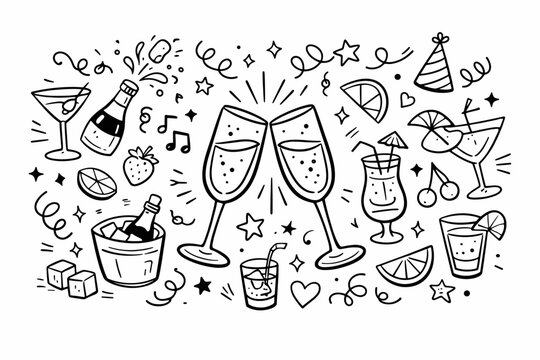 Hand-drawn doodle illustration of a champagne toast with clinking flutes, various cocktail glasses, wine bottles, ice bucket, fruit garnishes, and festive confetti for party and event celebrations.