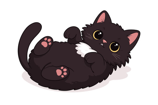 Adorable Fluffy Black Cat Lying on Its Back with Paws Up, Cute Kitten with White Chest Patch and Large Expressive Golden Eyes, Playful Pet Flat Vector Illustration Isolated on White