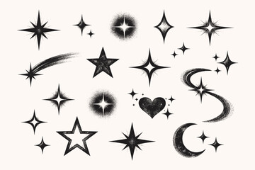 Obraz premium Minimalist Grunge Stars with Grain Texture and Fading Edges Vector Set. Retro Y2K Luminary Shapes, Sparkles, Twinkling Stars, Heart, Crescent Moon, and Shooting Stars for Aesthetic Design Elements.