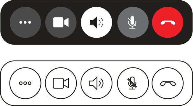 Video conference control bar icons, flat minimalist call interface buttons, digital meeting UI elements for web and mobile apps, vector set