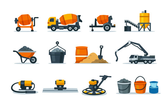 Comprehensive collection of flat vector icons for concrete construction equipment featuring cement mixer trucks, portable mixers, concrete pumps, wheelbarrows, silos, and industrial power tools.