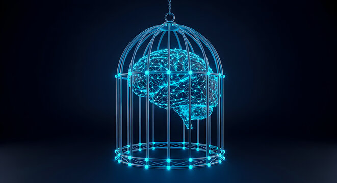 A glowing neon blue digital brain trapped inside a metal birdcage with interconnected nodes and glowing blue lights against a dark background.