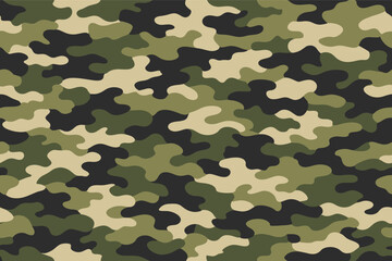 Fototapeta premium Seamless Military Camouflage Pattern Background, Abstract Modern Forest Camo Texture with Green, Black, and Tan Colors, Flat Vector Illustration for Army Uniform, Hunting Gear, and Textile Design
