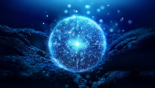 深海に浮かぶ幻想的な青いバイオ発光エネルギー体と光の粒子
