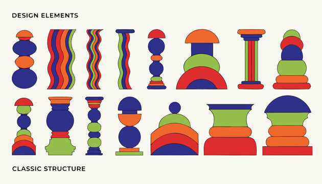 Abstract classic structure building blocks with colorful geometric shapes and stacked forms