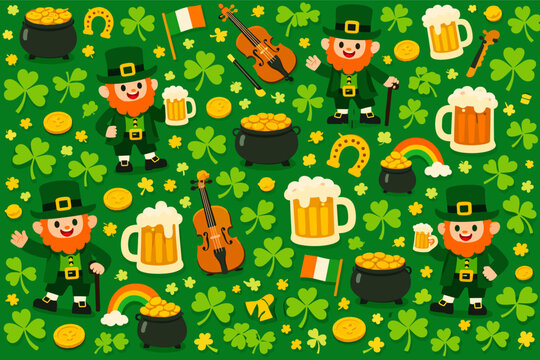 St. Patrick's Day seamless pattern vector illustration with cute cartoon leprechauns, green shamrocks, pots of gold, rainbows, beer mugs, fiddles, and Irish flags on a festive green background.