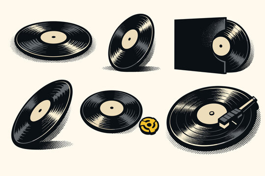 Set of vintage vinyl records in various angles with retro halftone dot effect, featuring LP discs, record sleeve, turntable arm, and 45 rpm adapter, classic analog music media vector illustration.
