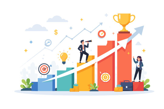 Business Growth Infographic with Four Steps Bar Chart Showing Upward Trend and Financial Success. Professional People Achieving Goals with Trophy, Lightbulb Idea, Target, and Money Symbols Vector