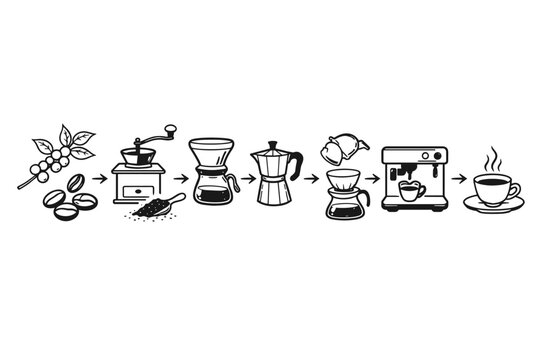 Hand Drawn Coffee Making Process Infographic Vector with Icons of Beans, Manual Grinder, Chemex, Moka Pot, V60 Dripper, Espresso Machine, and Hot Cup for Cafe Branding, Menus, and Wall Art Decor