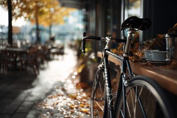 Fototapeta premium Road bike parked at a street cafe in autumn. Silhouette of bicycle on sidewalk with fallen tree leaves. Urban lifestyle and travel concept for city outdoor leisure and coffee break.