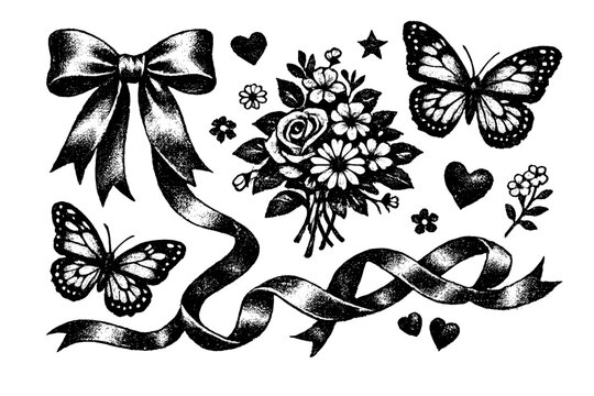 Vintage Photocopy Stipple Texture Illustration Set Featuring a Large Bow Long Ribbon Floral Bouquet Monarch Butterflies Hearts and Stars in a Gritty Hand-Drawn Threshold Collage Style Vector Art