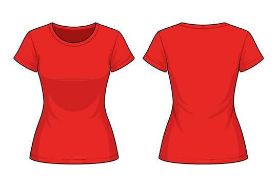Red Women's T-Shirt Vector Illustration Featuring Front and Back Views, Simple Flat Design for Apparel Mockups, Fashion Design Templates, and Blank Clothing Mockup for Custom Branding and Printing.