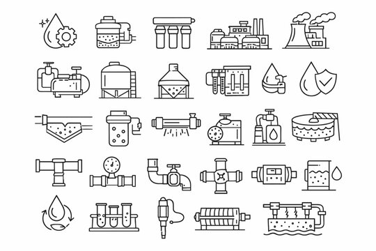Industrial water treatment and pipeline line icon set with filtration systems, factory equipment, plumbing, purification, pipes, valves, pumps, tanks, and environmental engineering symbols.