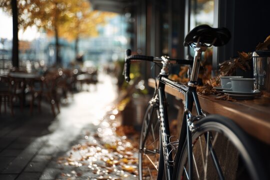 Road bike parked at a street cafe in autumn. Silhouette of bicycle on sidewalk with fallen tree leaves. Urban lifestyle and travel concept for city outdoor leisure and coffee break.