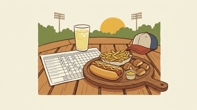 Stadium food and scoreboard on a wooden table