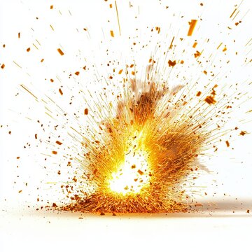 Bright yellow welding sparks exploding isolated on a pure white background.