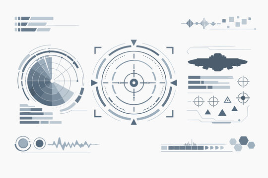 Advanced Futuristic Digital HUD Interface featuring Central Target Reticle, Radar Scan, System Status Bars, Spaceship Silhouette, and Waveform Data Visualization for Sci-Fi UI and Tech Design.