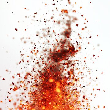 Glowing red hot embers flying horizontally isolated on a white backdrop.