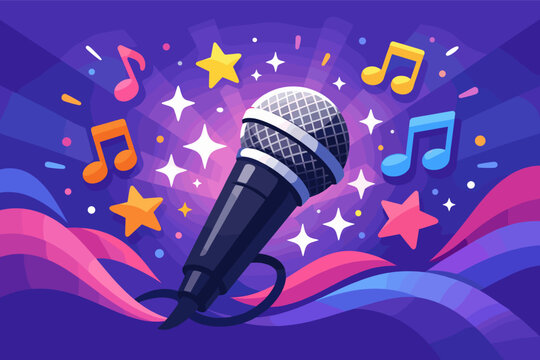 Vibrant vector illustration of a professional microphone at a karaoke party surrounded by colorful music notes and glowing stars on a purple background with abstract waves for music events.