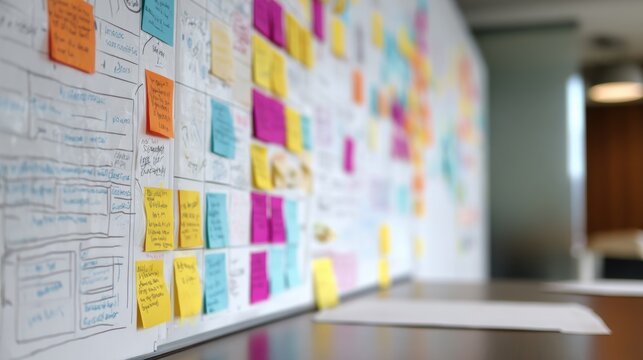 Whiteboard covered with colorful sticky notes and project sketches. Office wall for brainstorming ideas and creative teamwork. Task management, agile development and business planning concept.