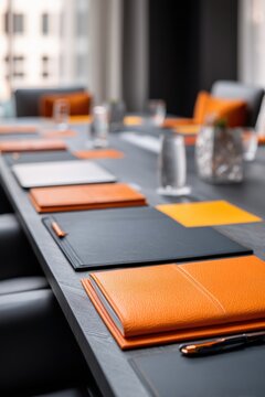 Conference table with orange notebooks and pens for business meeting. Modern office boardroom interior setup for corporate brainstorming session. Professional workplace presentation area.