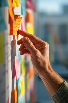 Man pointing at sticky note on whiteboard for project management. Professional manager organizing workflow with adhesive paper in office. Collaborative brainstorming and team planning session.