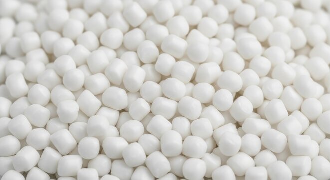 Full Frame Macro of White Industrial Polymer Pellets and Plastic Granules