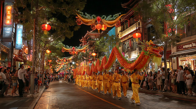 Spectacular Chinese New Year dragon dance at night with illuminated lanterns and a jubilant crowd lining the street.
