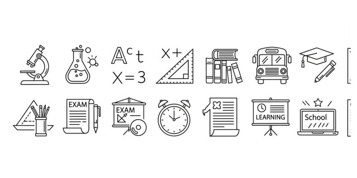 Detailed education and school line icons horizontal set with classroom and learning tools vector illustration
