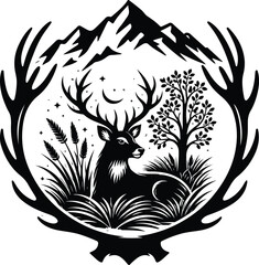 Obraz premium elegant deer head emblem with mountain and forest silhouette vector illustration